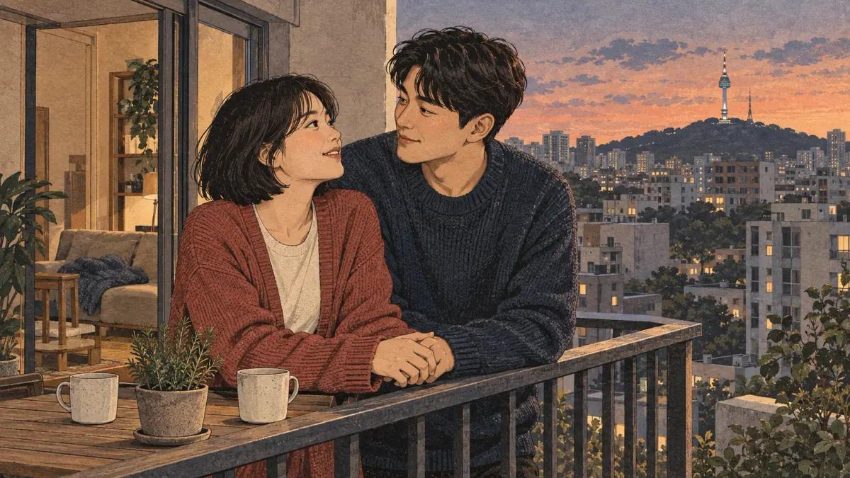 A couple shares an affectionate moment on a Seoul apartment balcony at dusk.