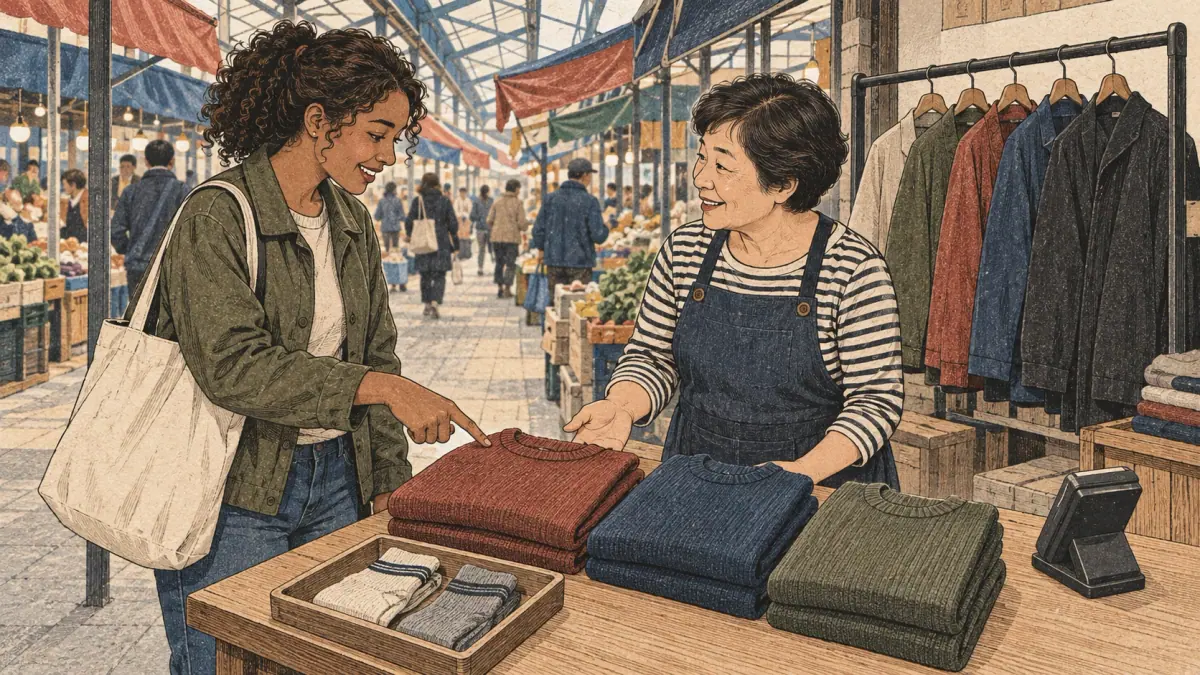 A shopper asks a seller about a sweater at a Seoul market clothing stall.