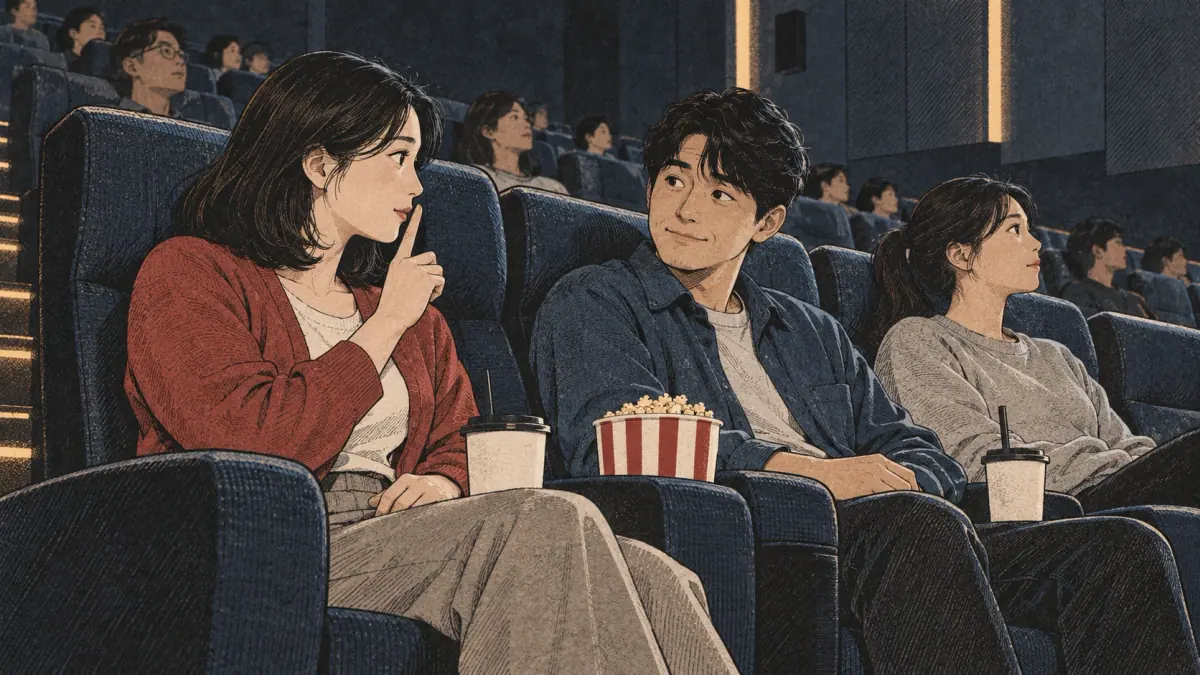 A cinema viewer gently asks nearby talking patrons to be quiet.