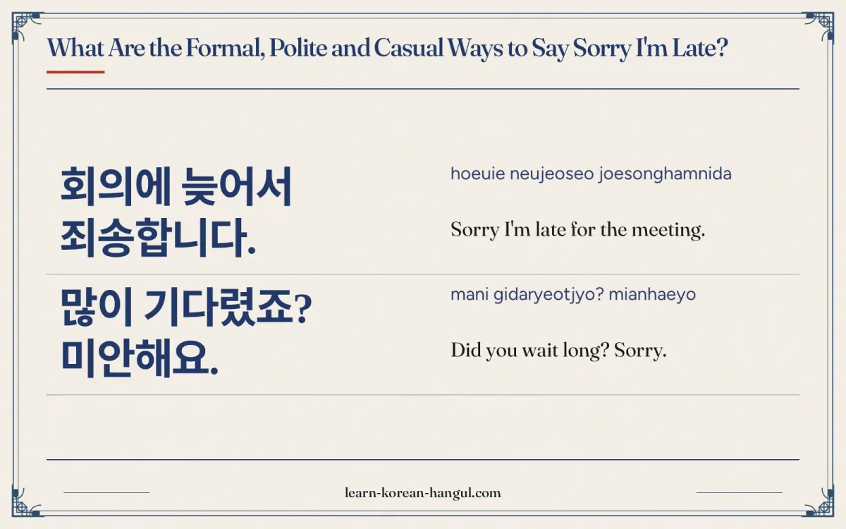 회의에 늦어서 죄송합니다. · hoeuie neujeoseo joesonghamnida · Sorry I'm late for the meeting. · What are the formal, polite and casual ways to say sorry I'm late