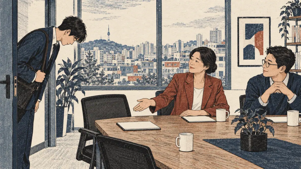 An employee arriving late bows to a manager who welcomes them into a Seoul office meeting.