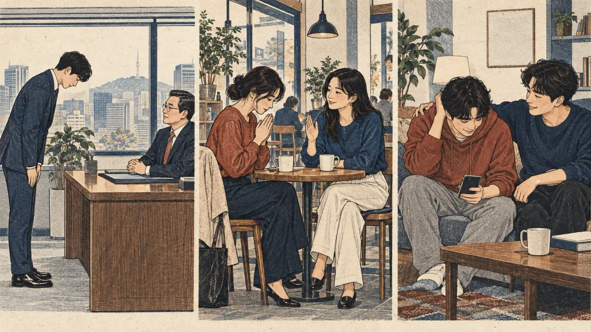 Three apology scenes contrast a senior, an equal colleague and a close friend.