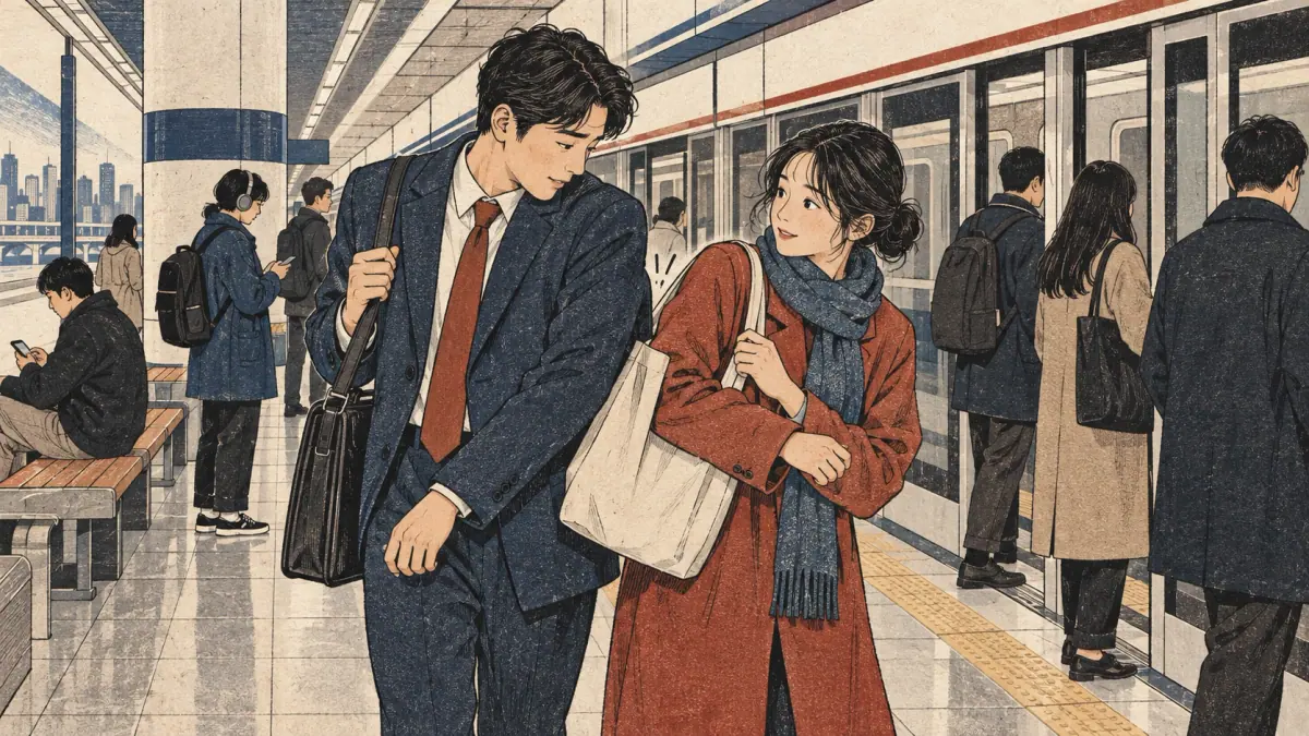 A commuter politely nods after accidentally bumping into a stranger on a Seoul subway platform.