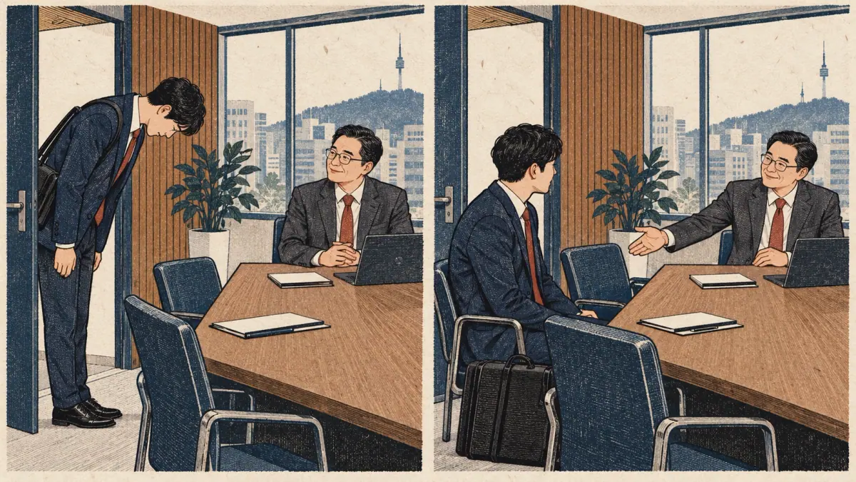 An employee apologises for arriving late, and a manager invites them to sit.