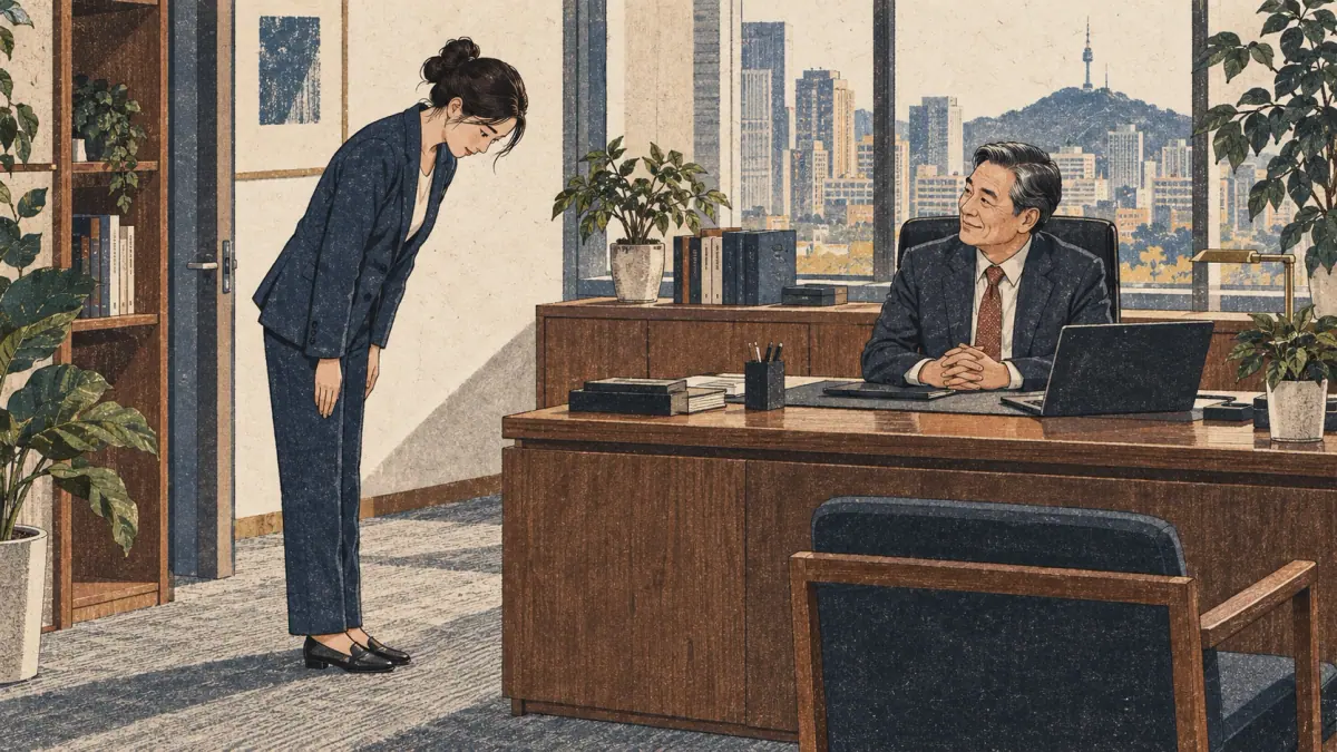 A junior employee gives a small respectful bow to an older supervisor in an office.