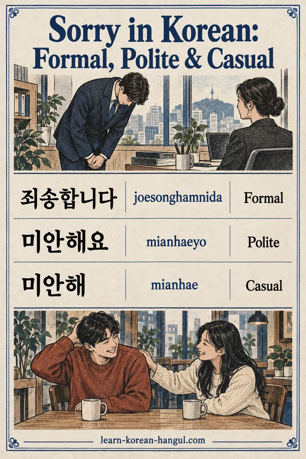 죄송합니다 (joesonghamnida), 미안해요 (mianhaeyo) and 미안해 (mianhae) in three apology rows.