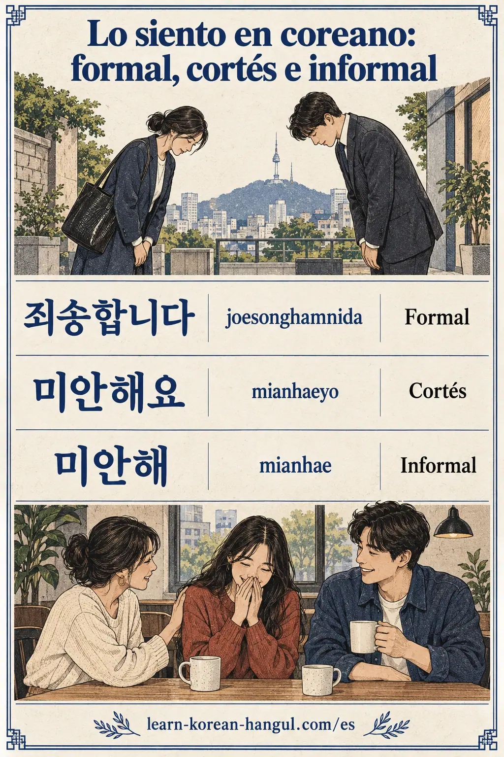 죄송합니다 (joesonghamnida), 미안해요 (mianhaeyo) y 미안해 (mianhae) en tres filas de disculpas.