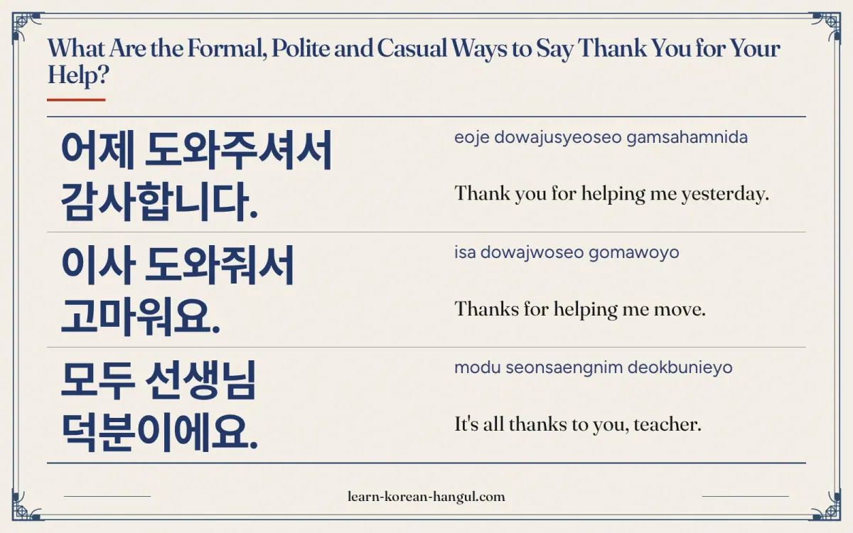 어제 도와주셔서 감사합니다. · eoje dowajusyeoseo gamsahamnida · Thank you for helping me yesterday. · What are the formal, polite and casual ways to say thank you
