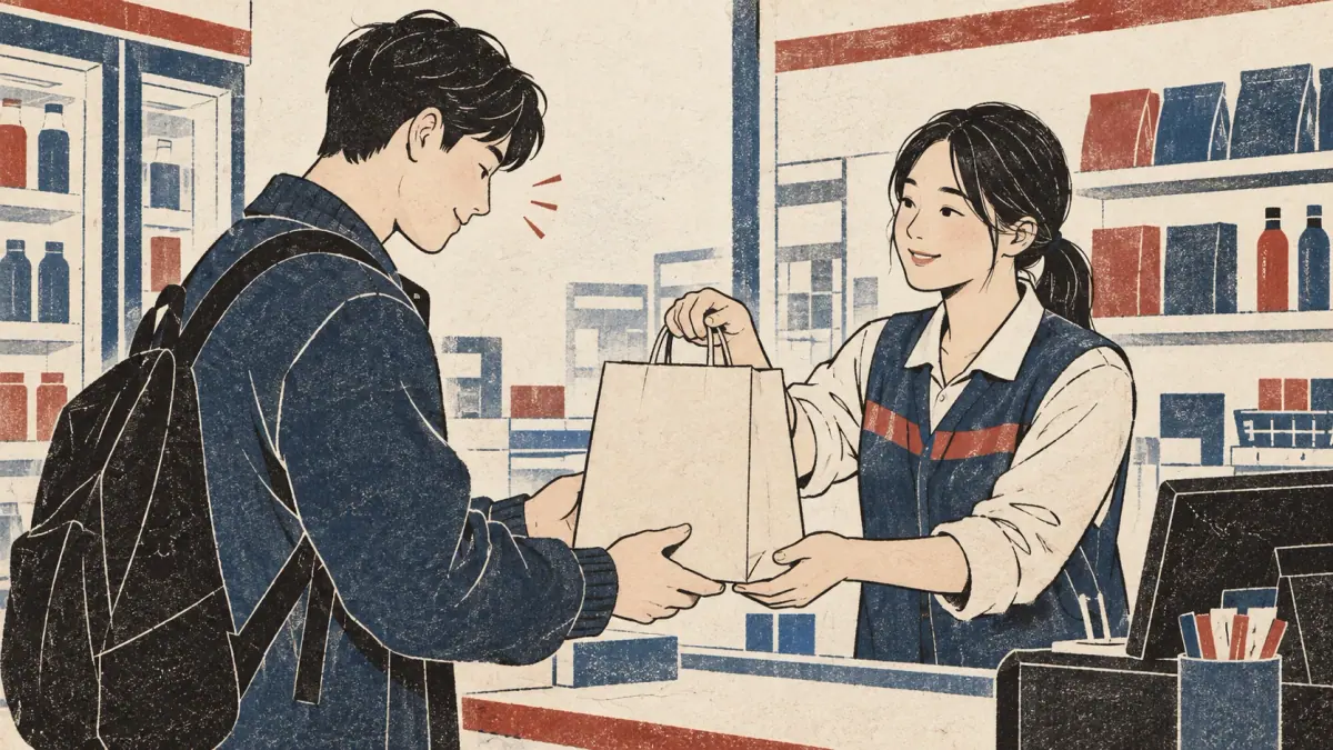 A customer receives a shopping bag with both hands and nods thanks to a Korean convenience-store clerk.