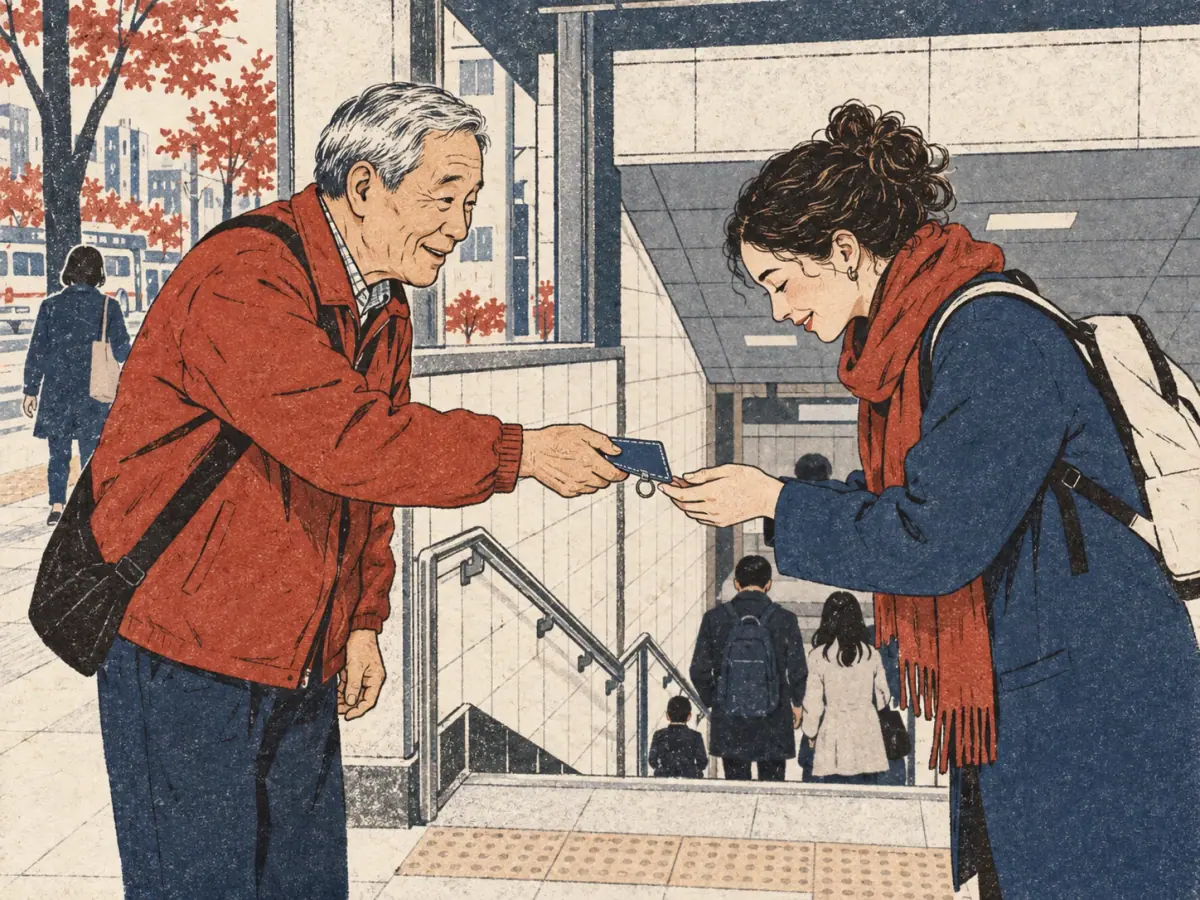 An older stranger returns a dropped transit-card sleeve; the learner receives it with both hands and nods.