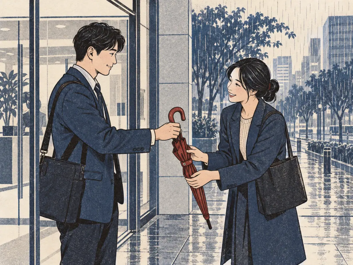 One colleague lends a red umbrella to another at a Seoul office entrance in the rain.