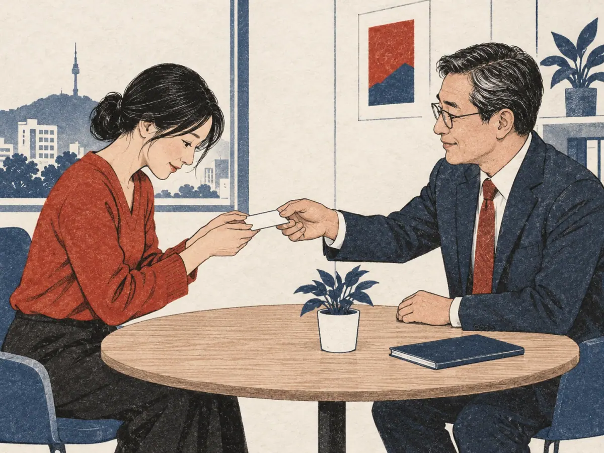 A learner receives a blank business card from an older colleague with both hands and a slight bow.