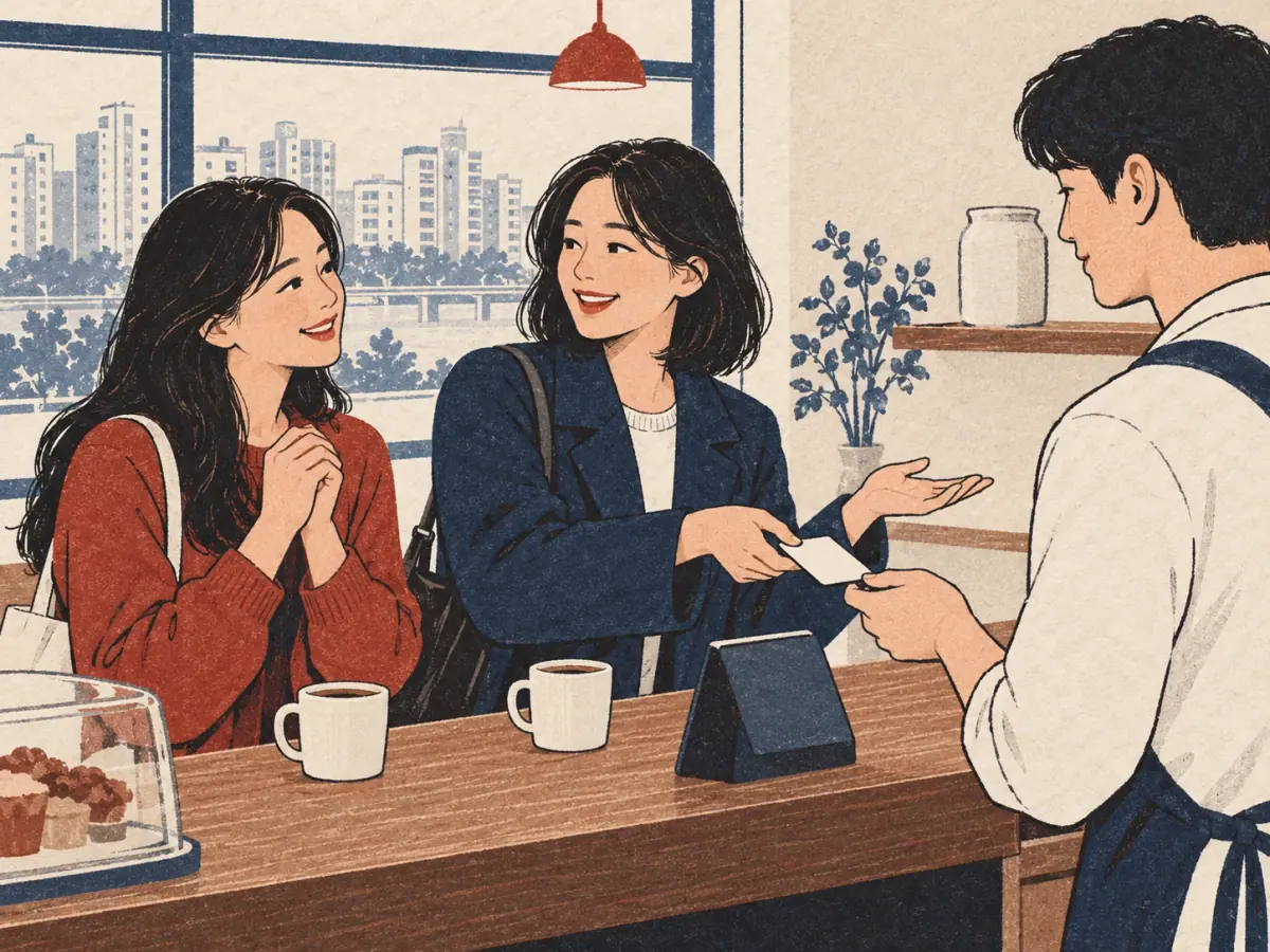 Two close friends at a Seoul café; one pays for both coffees while the other smiles in thanks.