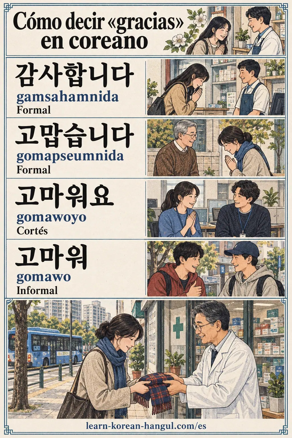 Lección ilustrada: 감사합니다 (gamsahamnida); 고맙습니다 (gomapseumnida); 고마워요 (gomawoyo); 고마워 (gomawo).