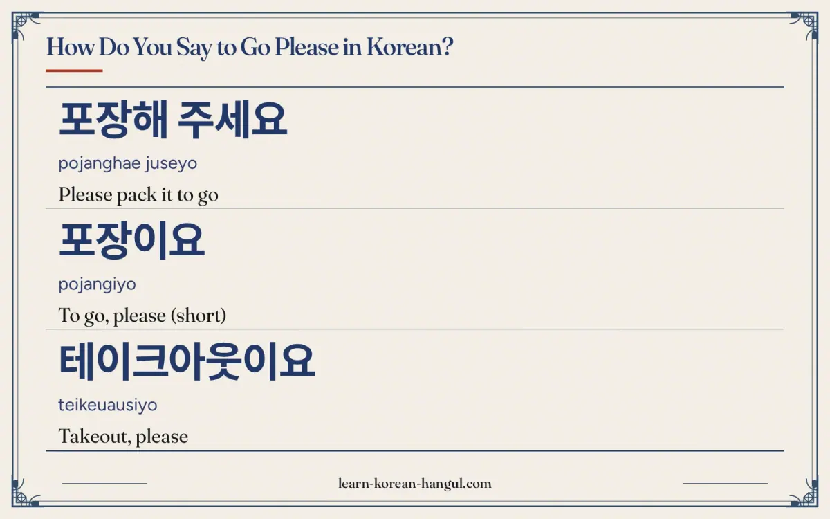 포장해 주세요 · pojanghae juseyo · Please pack it to go · How do you say to go please in Korean?