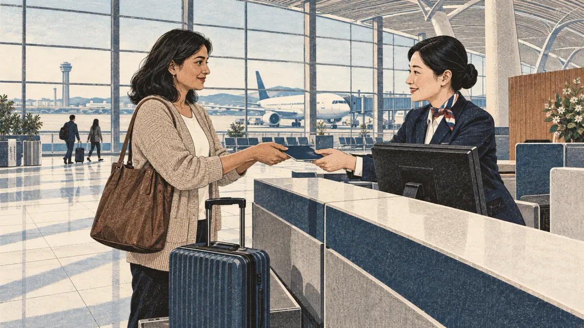 A traveller hands her passport to an airport check-in agent in Korea.
