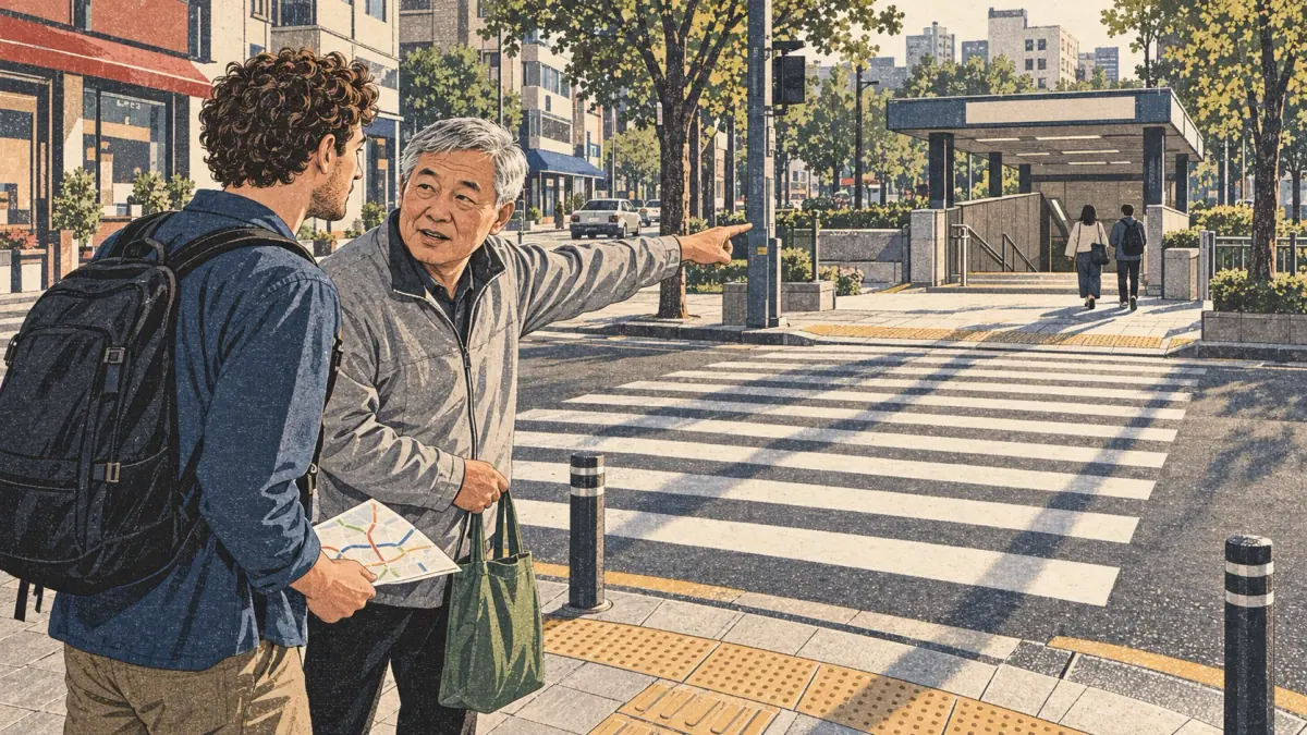 A Korean pedestrian points a traveller toward a subway entrance across a Seoul crossing.