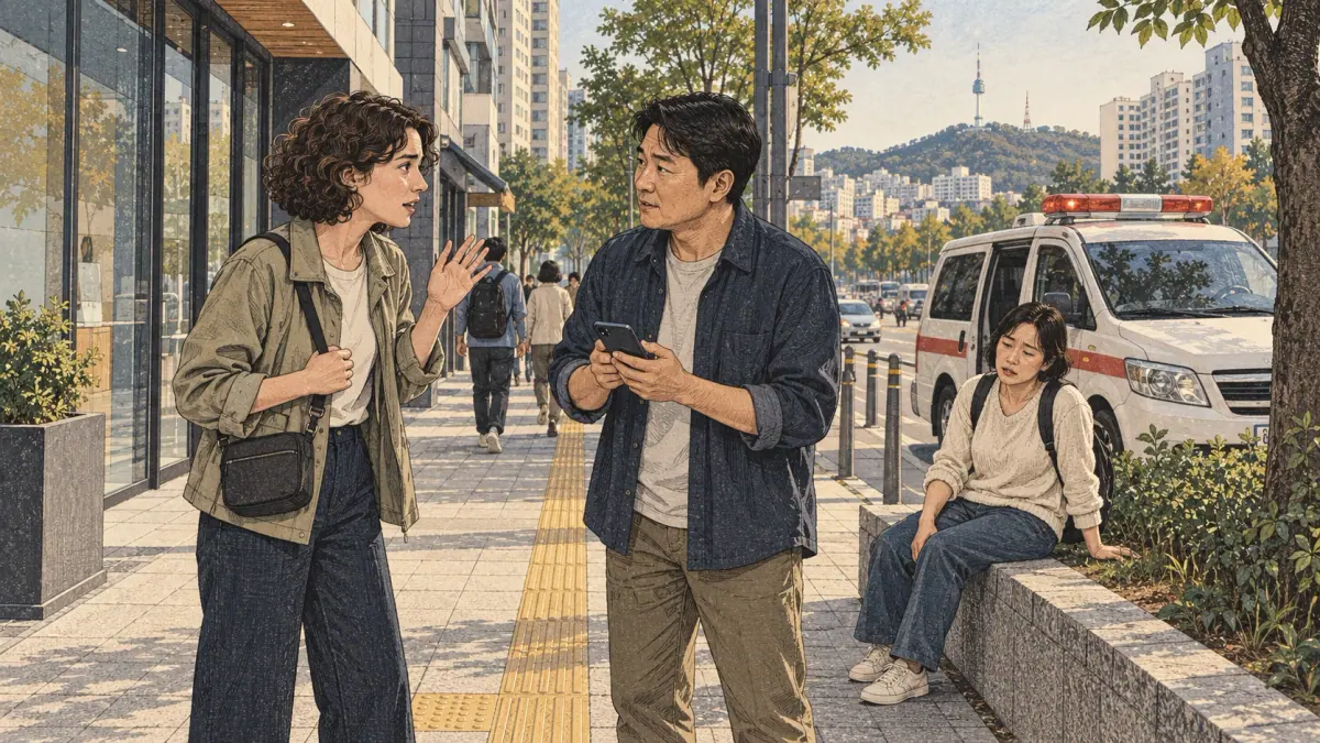 A traveller asks a Korean passer-by for urgent help on a Seoul sidewalk.