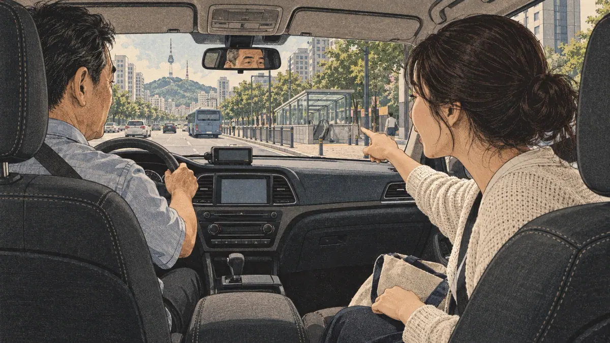 A passenger politely points out a stopping place to a Seoul taxi driver.