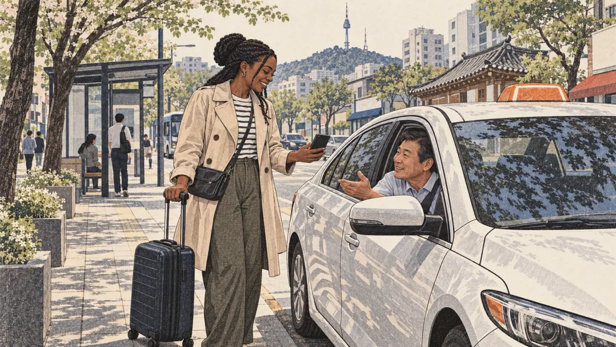 A traveller asks a Korean taxi driver for help with a destination in Seoul.