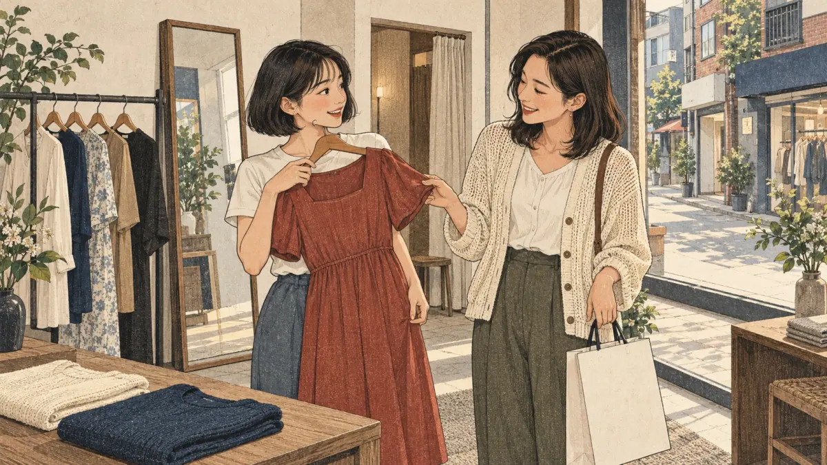 Una joven coreana muestra un vestido y pide consejo a su hermana mayor en una boutique de Seúl.