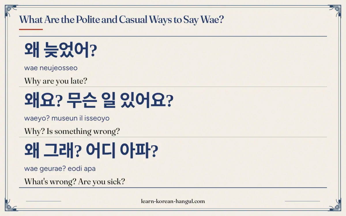 왜 늦었어? · wae neujeosseo · Why are you late? · What are the polite and casual ways to say wae?
