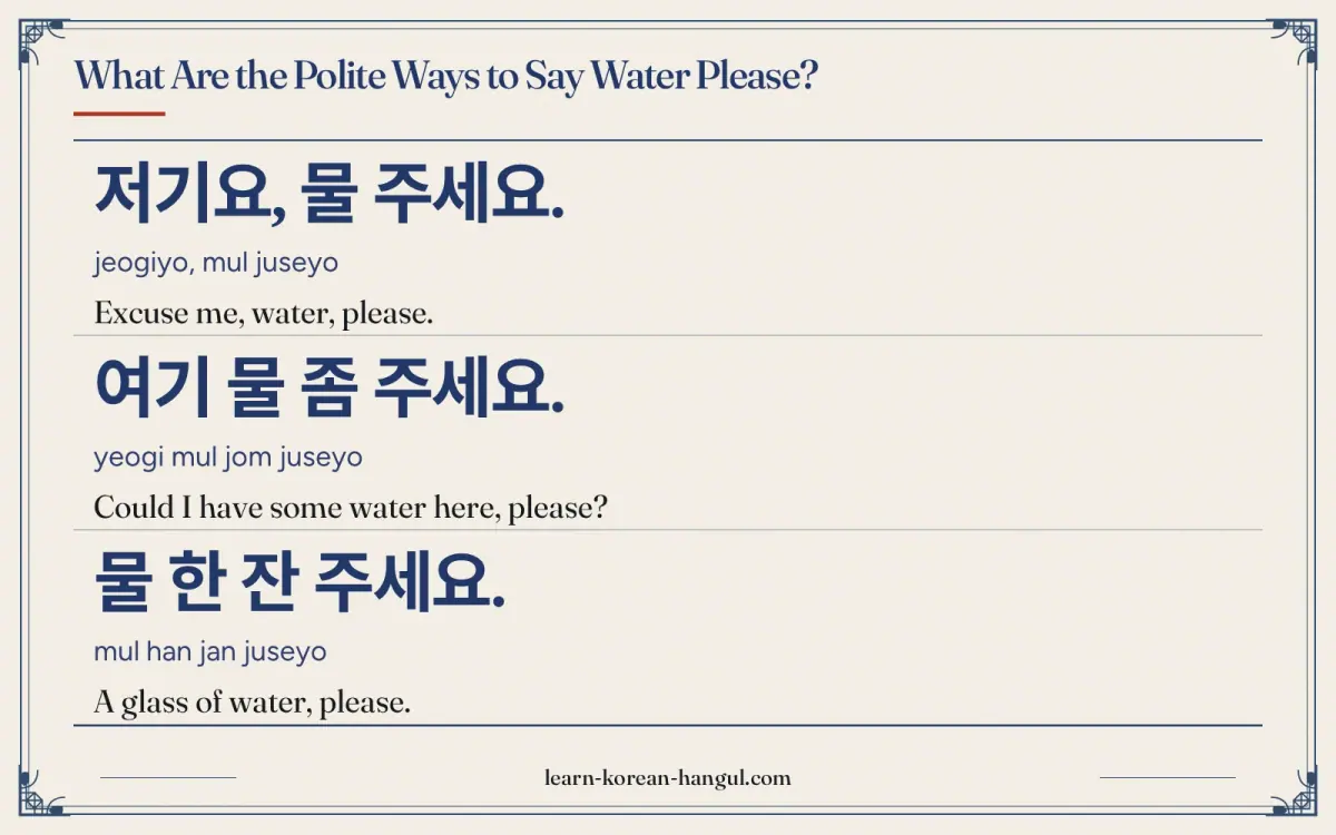 저기요, 물 주세요. · jeogiyo, mul juseyo · Excuse me, water, please. · What are the polite ways to say water please?