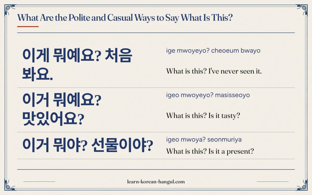 이게 뭐예요? 처음 봐요. · ige mwoyeyo? cheoeum bwayo · What is this? I've never seen it. · What are the polite and casual ways to say what is this?