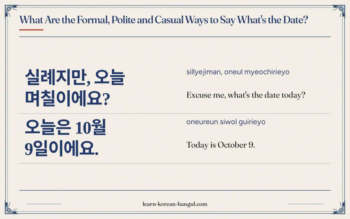 실례지만, 오늘 며칠이에요? · sillyejiman, oneul myeochirieyo · Excuse me, what's the date today? · What are the formal, polite and casual ways to say what's the 