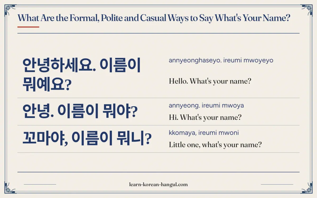 안녕하세요. 이름이 뭐예요? · annyeonghaseyo. ireumi mwoyeyo · Hello. What's your name? · What are the formal, polite and casual ways to say what's your name?