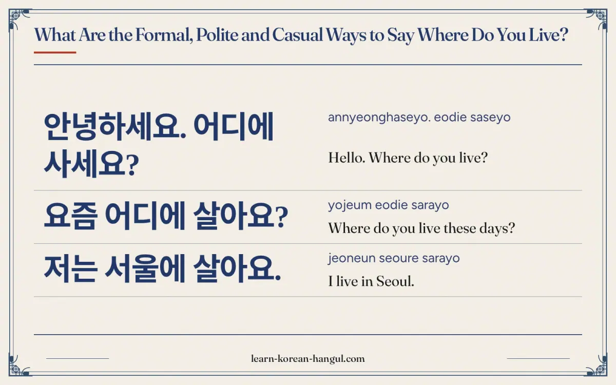 안녕하세요. 어디에 사세요? · annyeonghaseyo. eodie saseyo · Hello. Where do you live? · What are the formal, polite and casual ways to say where do you live?