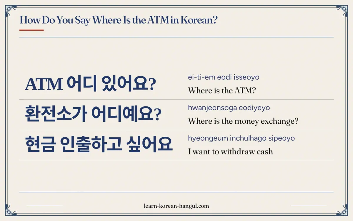 ATM 어디 있어요? · ei-ti-em eodi isseoyo · Where is the ATM? · How do you say where is the ATM in Korean?