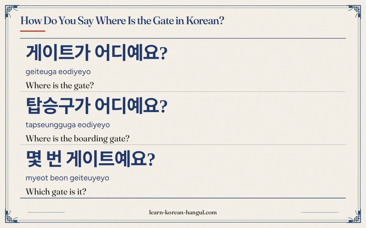 게이트가 어디예요? · geiteuga eodiyeyo · Where is the gate? · How do you say where is the gate in Korean?