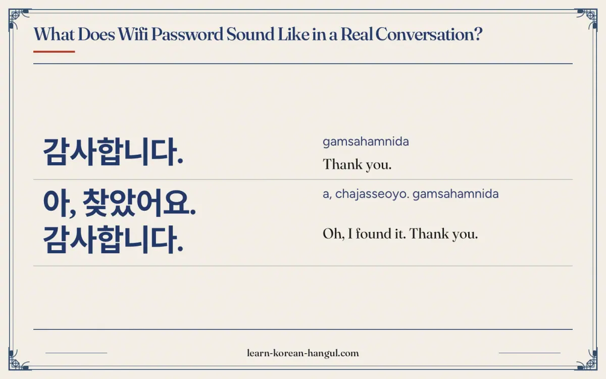 감사합니다. · gamsahamnida · Thank you. · What does wifi password sound like in a real conversation?