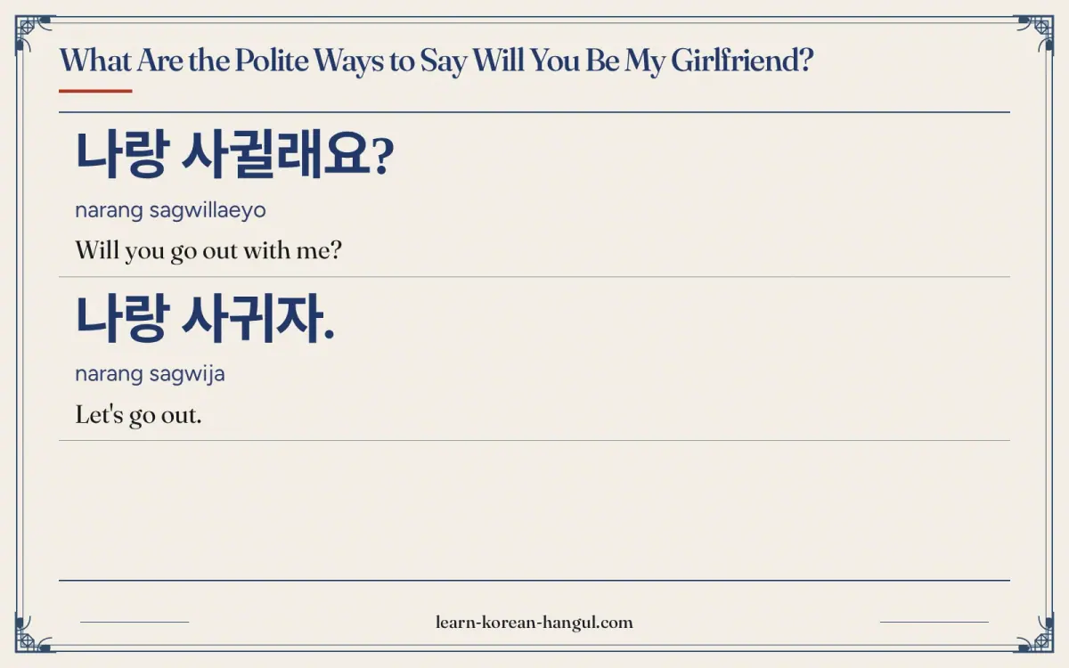 나랑 사귈래요? · narang sagwillaeyo · Will you go out with me? · What are the polite ways to say will you be my girlfriend?