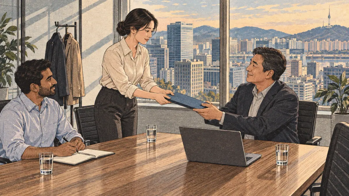 Colleagues politely hand over a document for review in a contemporary Seoul office.
