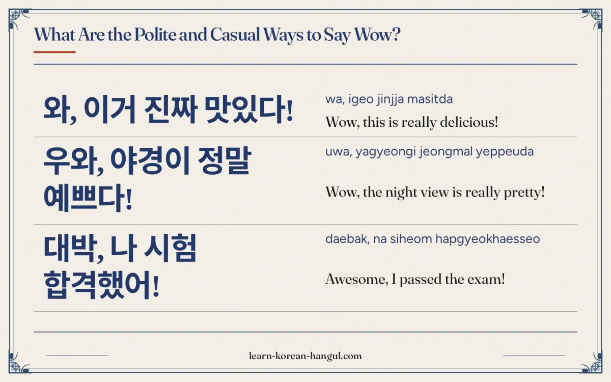 와, 이거 진짜 맛있다! · wa, igeo jinjja masitda · Wow, this is really delicious! · What are the polite and casual ways to say wow?