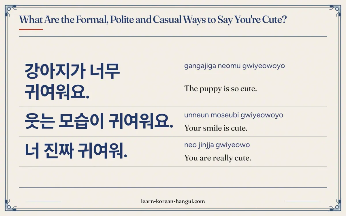 강아지가 너무 귀여워요. · gangajiga neomu gwiyeowoyo · The puppy is so cute. · What are the formal, polite and casual ways to say you're cute?