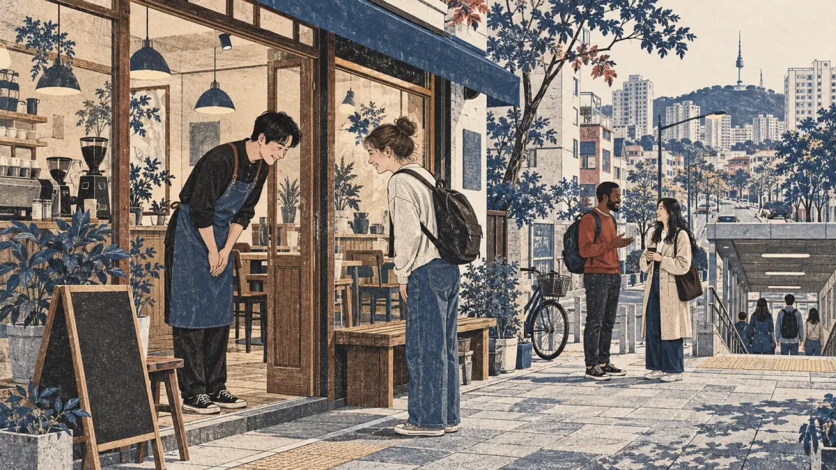 Adults greeting and talking in a Seoul neighbourhood café.