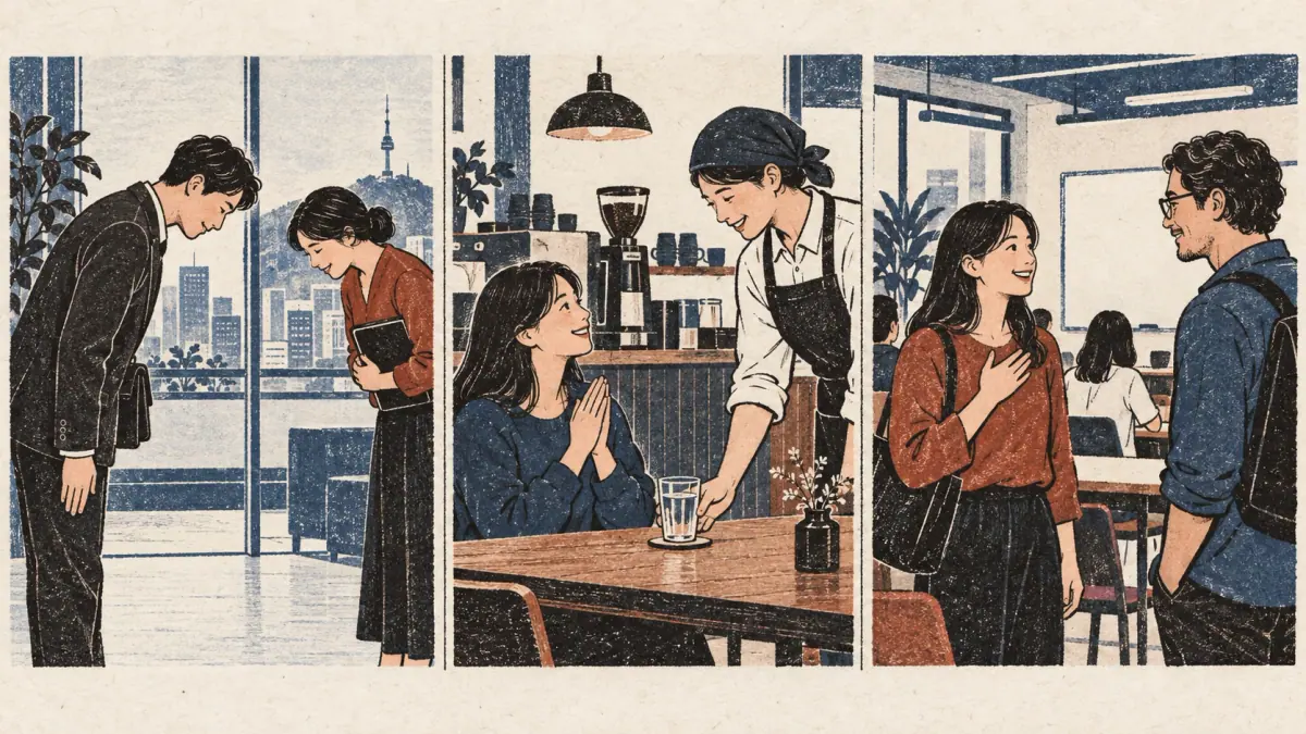 A learner greets a colleague, thanks a café server and introduces themself at class.