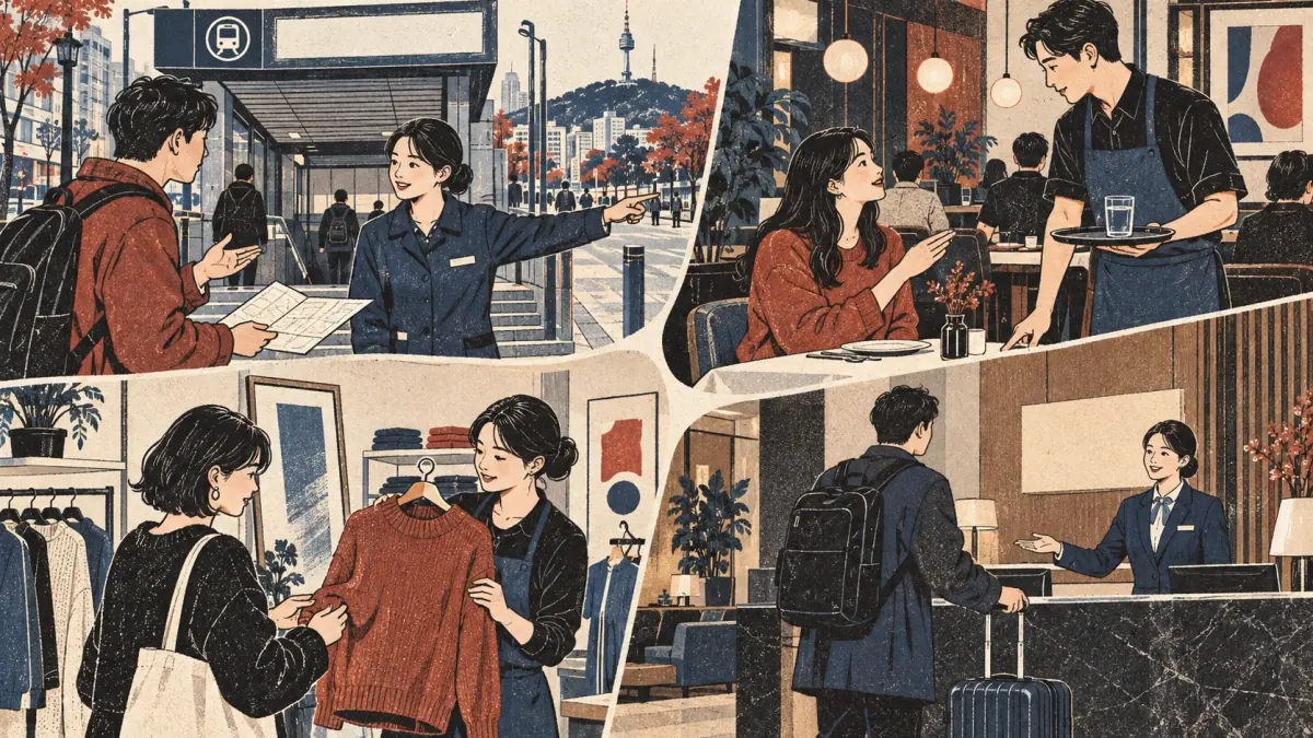 Adults ask directions, request water, shop for clothes and check into a hotel in Seoul.