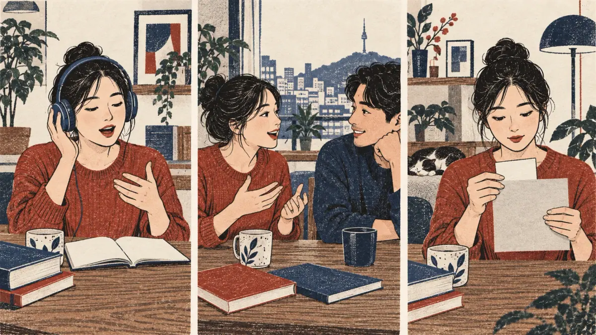 An adult listens and repeats, speaks with a friend and practises reading a card.