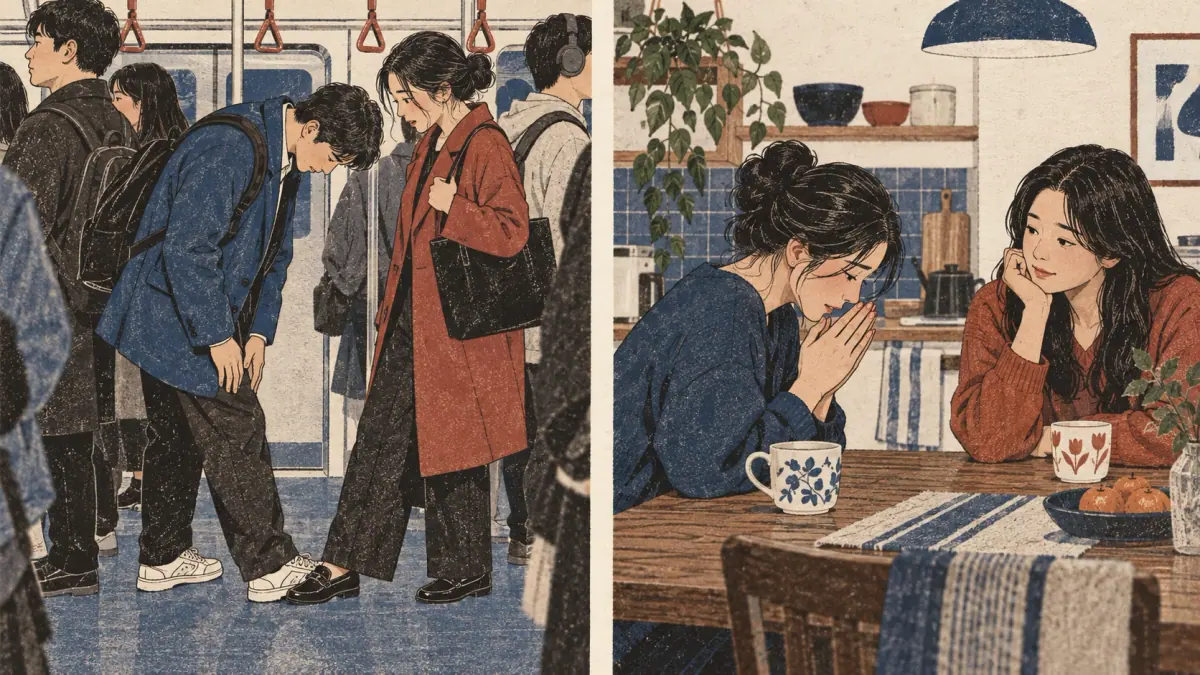 An accidental stepped-on foot contrasts with a heartfelt apology across a kitchen table.