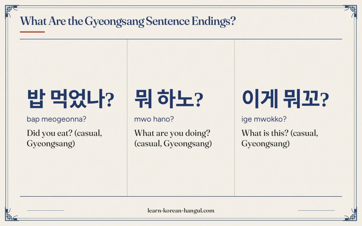 밥 먹었나? · bap meogeonna? · Did you eat? (casual, Gyeongsang) · What are the Gyeongsang sentence endings?