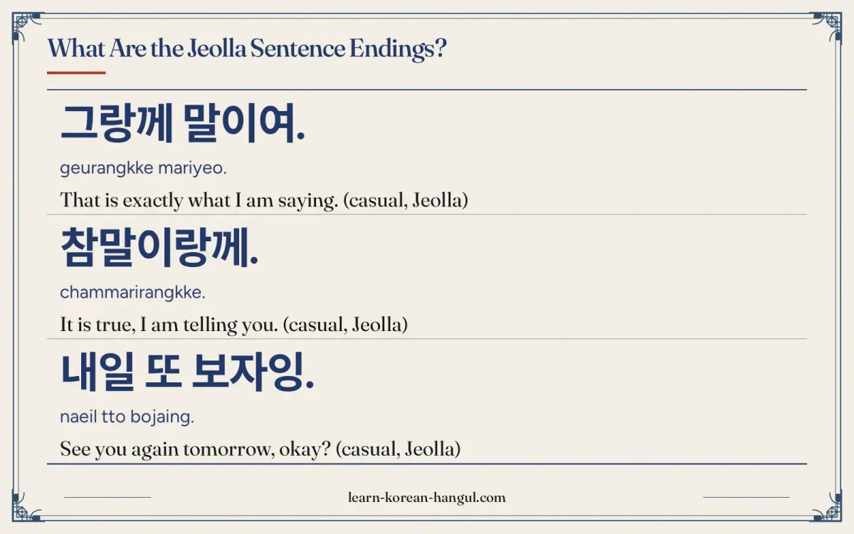 그랑께 말이여. · geurangkke mariyeo. · That is exactly what I am saying. (casual, Jeolla) · What are the Jeolla sentence endings?