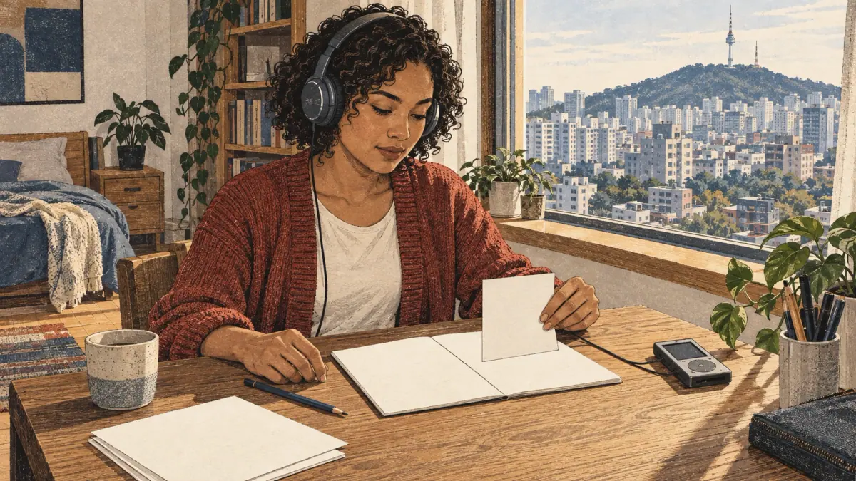 An adult learner practices Korean final sounds with headphones and a covered answer sheet in a Seoul apartment.