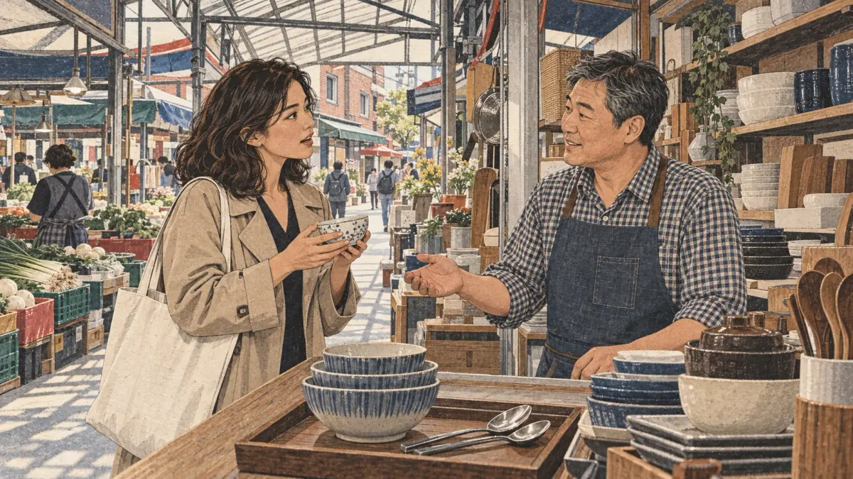 An adult shopper asks a Korean vendor the price of a ceramic bowl at a Seoul market stall.
