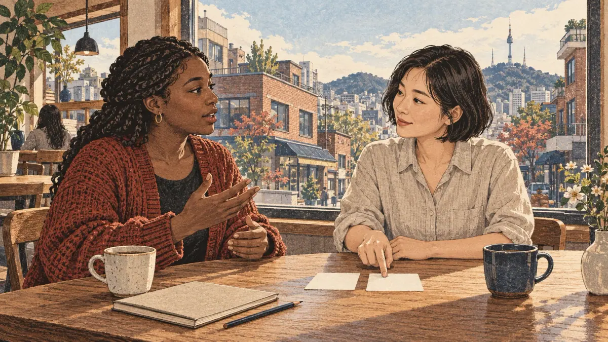 An adult learner practises Korean pronunciation with a tutor in a Seoul café.
