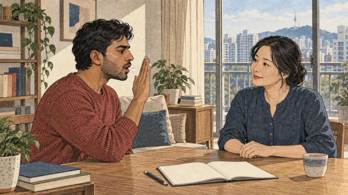 A learner feels the puff of air while practising Korean aspiration with a tutor.