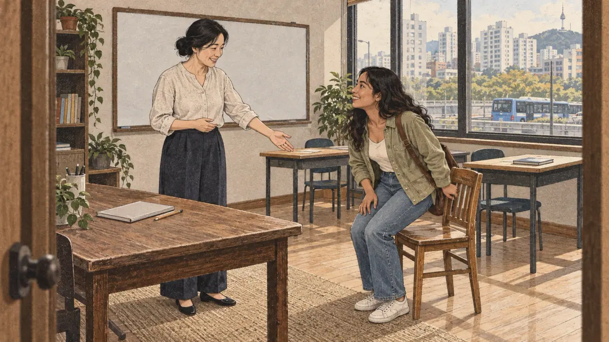 A Korean teacher welcomes an adult learner and invites her to sit in a classroom.